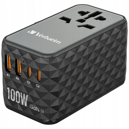 Adapter podróżny EU UK US GaN 100W 4xUSB Verbatim czarny Quick Charge