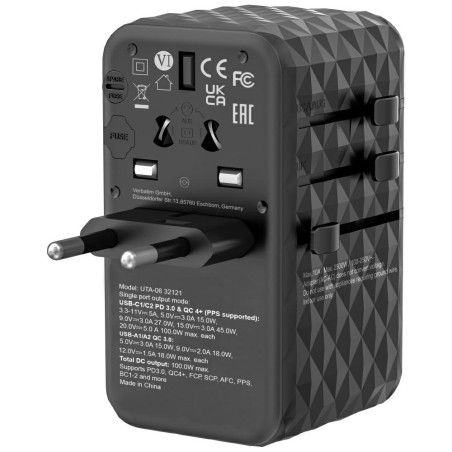 Adapter podróżny EU UK US GaN 100W 4xUSB Verbatim czarny Quick Charge