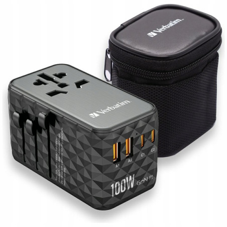 Adapter podróżny EU UK US GaN 100W 4xUSB Verbatim czarny Quick Charge