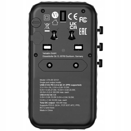 Adapter podróżny EU UK US GaN 100W 4xUSB Verbatim czarny Quick Charge