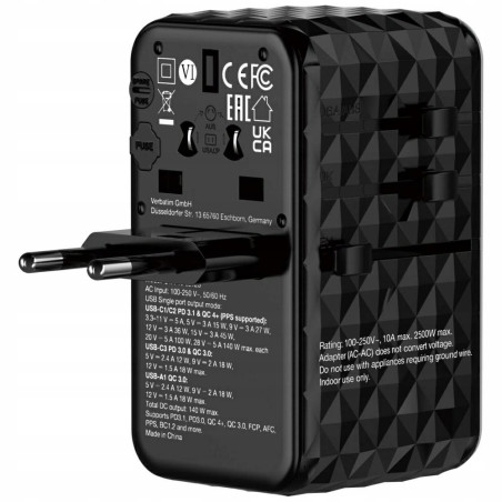 Ładowarka sieciowa 140W GaN USB-A/USB-C czarna Verbatim UTA-10 zasilac