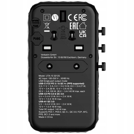 Ładowarka sieciowa 140W GaN USB-A/USB-C czarna Verbatim UTA-10 zasilac