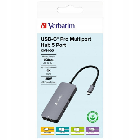 Adapter USB-C HDMI aluminiowy Ethernet 2xUSB-A 3.0 Verbatim Hub