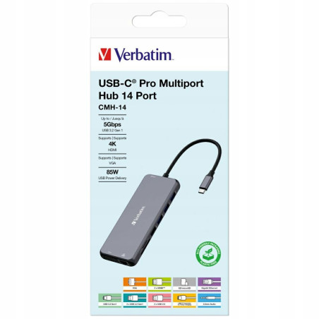 Adapter Hub USB-C Verbatim HDMI VGA Ethernet USB-A SD Aluminiowy