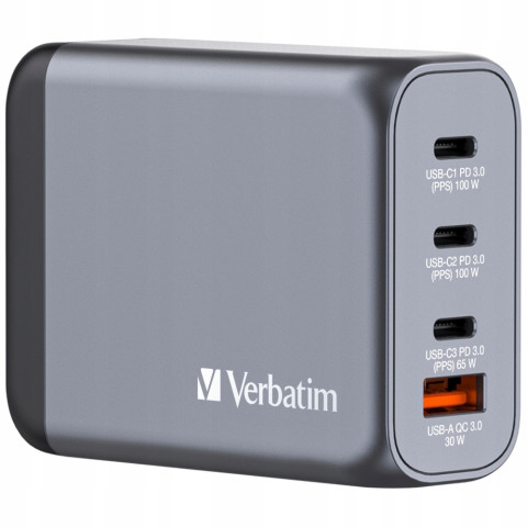 Ładowarka sieciowa 100W GaN USB-C USB-A 4x Verbatim czarna Adapter