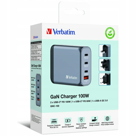 Ładowarka sieciowa 100W GaN USB-C USB-A 4x Verbatim czarna Adapter