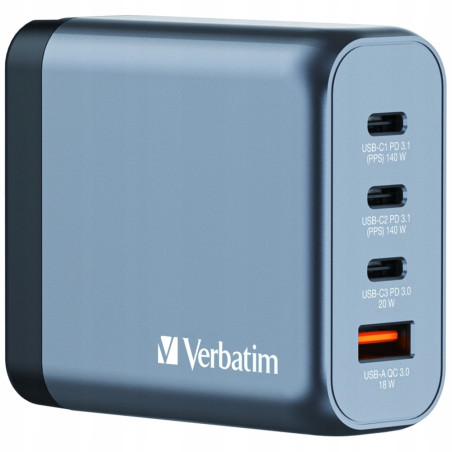 Ładowarka sieciowa 140W Verbatim GaN 3xUSB-C USB-A biała zasilacz adap