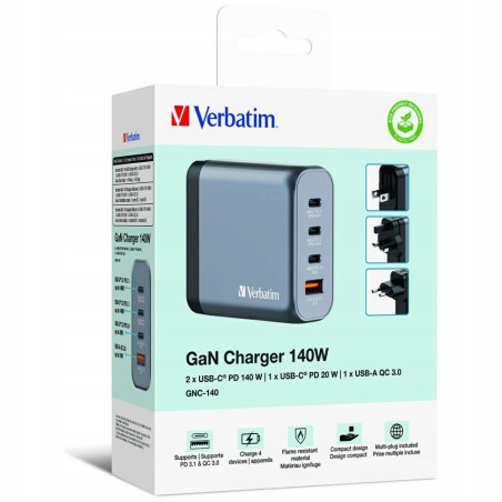 Ładowarka sieciowa 140W Verbatim GaN 3xUSB-C USB-A biała zasilacz adap