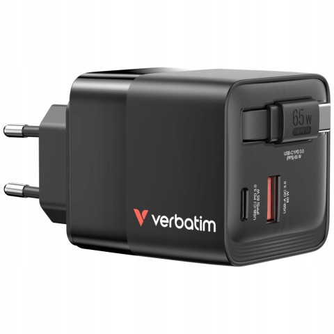 Ładowarka sieciowa 65W GaN 2xUSB-C USB-A Verbatim czarna Zasilacz