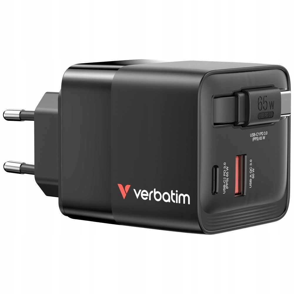 Ładowarka sieciowa 65W GaN 2xUSB-C USB-A Verbatim czarna Zasilacz