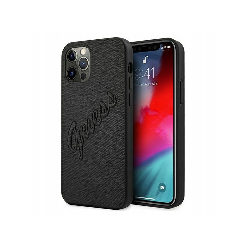 Guess Saffiano Vintage Script — etui do iPhone 12 Pro Max, czarne