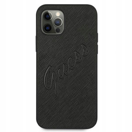 Guess Saffiano Vintage Script — etui do iPhone 12 Pro Max, czarne