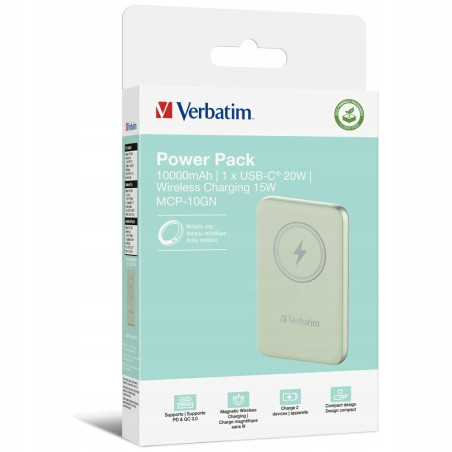 Powerbank indukcyjny 10000mAh magnetyczny USB-C zielony aluminium Verb