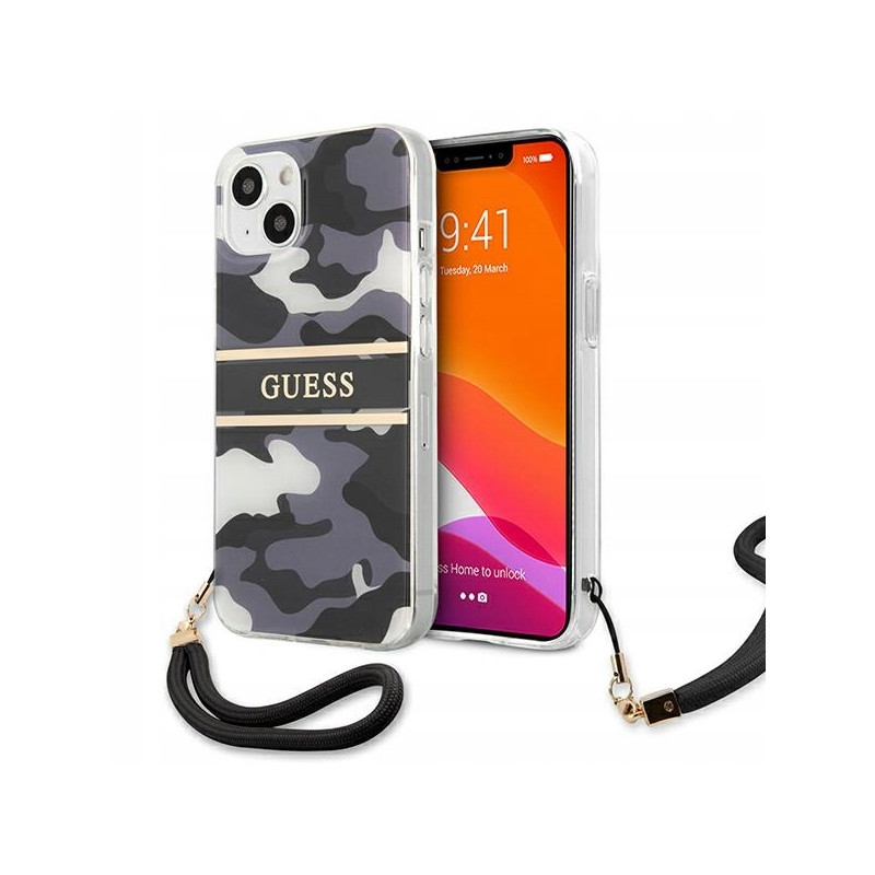 Guess moro kamuflaż paskiem — etui do iPhone 13 mini, czarne